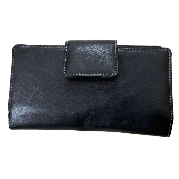 Vintage Black Leather Envelope Wallet NWT Y2K Card Photo Money Check Slot Zipper - Picture 1 of 4